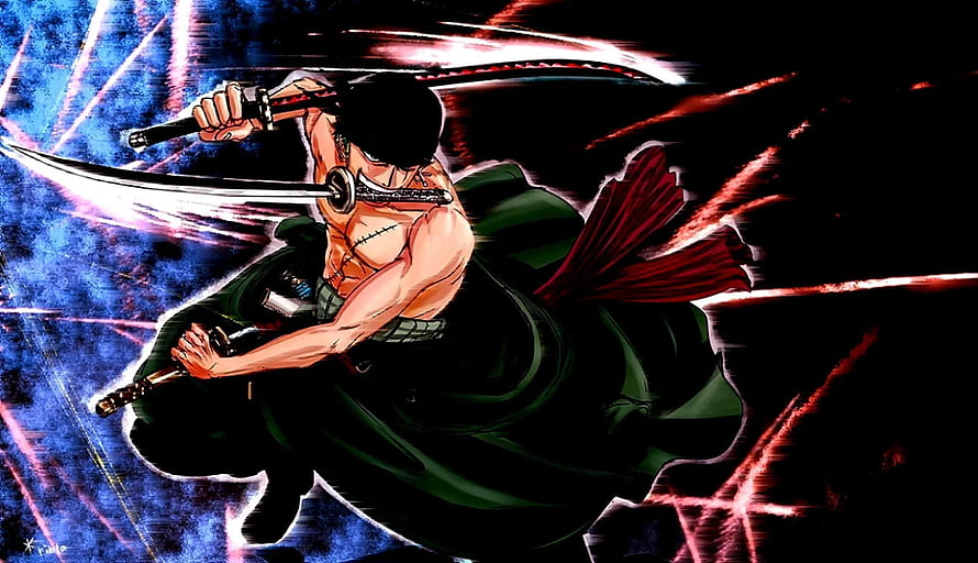 Roronoa Zoro Wielding Three Swords in Dynamic One Piece Anime Action Scene HD wallpaper