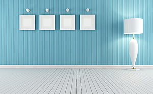 Minimalist Interior With Blue Fluted Wall, White Frames, And Floor Lamp HD wallpaper