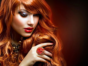 Glamorous Portrait of a Red-Haired Woman Wearing Bold Red Lipstick and Statement Jewelry, Beauty Salon, Beautiful Model HD wallpaper