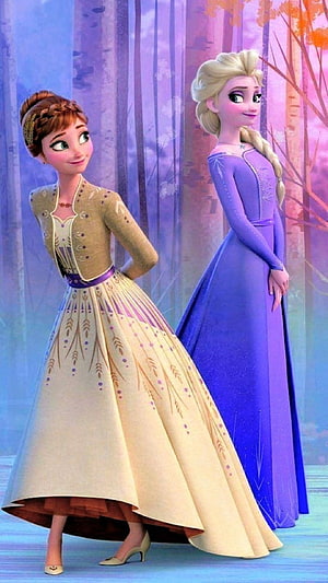 Anna and Elsa in Coronation Gowns from Frozen 2 in a Magical Forest Setting HD phone wallpaper