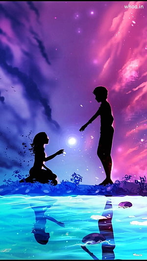 Romantic Silhouette Couple Reaching Out Under a Vibrant Purple and Pink Sky HD phone wallpaper