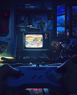First-person view of hands holding a Super Nintendo controller in a dimly lit retro gaming room at night HD phone wallpaper