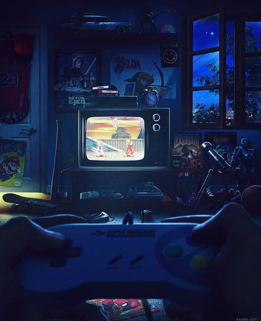 First-person view of hands holding a Super Nintendo controller in a dimly lit retro gaming room at night HD phone wallpaper