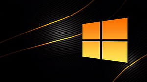 Windows 10 Orange Logo on Black Background with Golden Curved Lines HD wallpaper