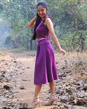 Anushka Sen in Purple Two-Piece Outfit on Forest Path HD phone wallpaper