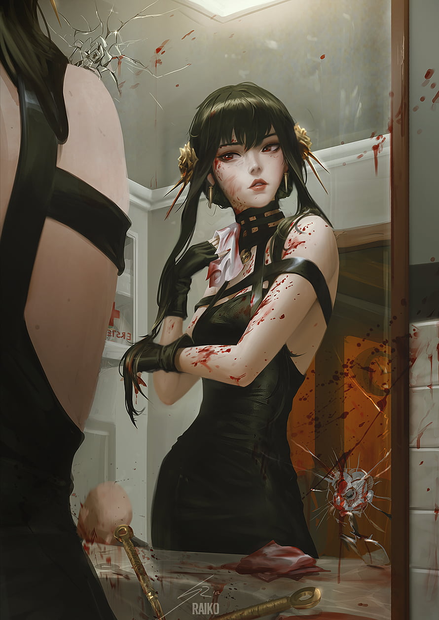 Yor Forger from Spy x Family in a dark, blood-splattered bathroom scene HD phone wallpaper