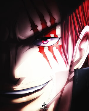 Shanks One Piece Anime Character Close-Up Portrait With Red Hair And Intense Pink Eye HD phone wallpaper