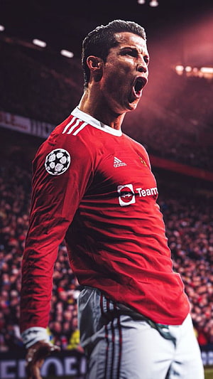 Cristiano Ronaldo in Manchester United Red Kit Shouting in the Stadium HD phone wallpaper