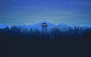 Firewatch Nighttime Forest Scene With Watchtower And Snowy Mountain Range HD wallpaper