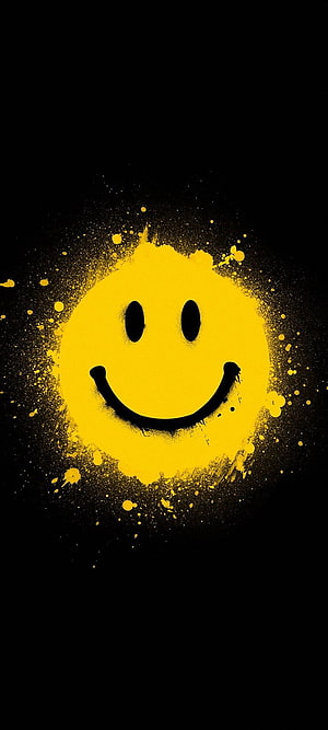 Yellow Smiley Face with Paint Splatter on Black Background HD phone wallpaper