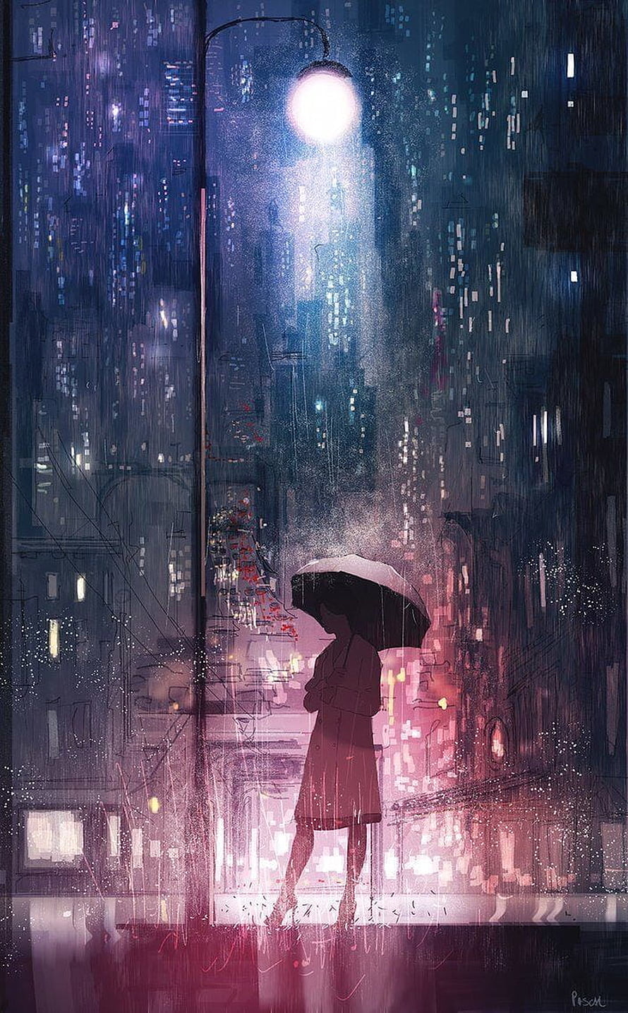 Lone figure with umbrella in a rainy neon-lit city street at night, moody digital illustration HD phone wallpaper