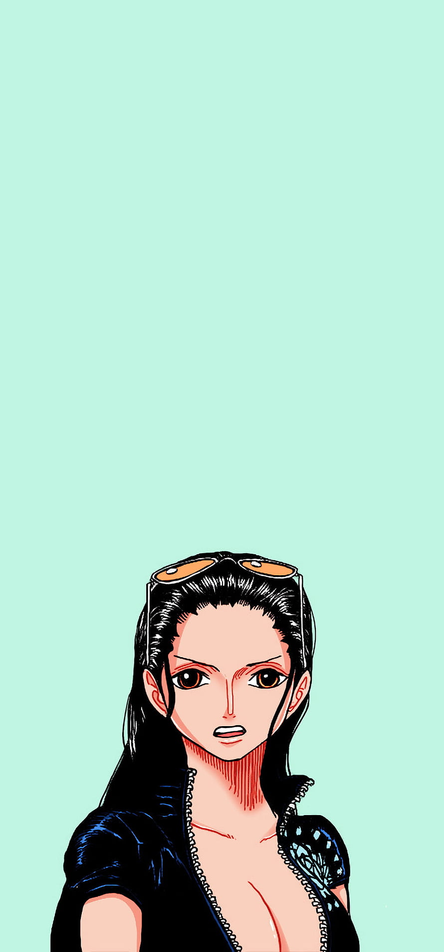Nico Robin from One Piece in a black leather jacket with sunglasses on her head against a mint green background HD phone wallpaper