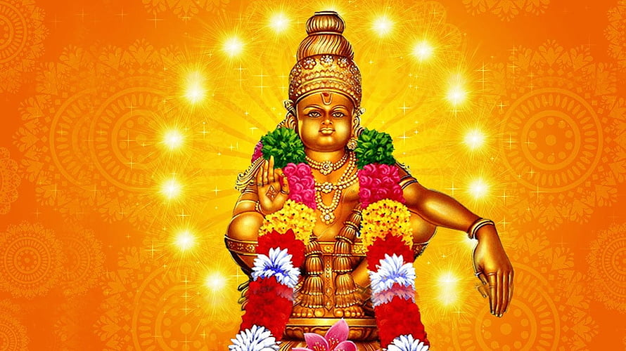 Golden Ayyappa Deity Adorned With Vibrant Flower Garlands Against Radiant Orange Mandala Background HD wallpaper