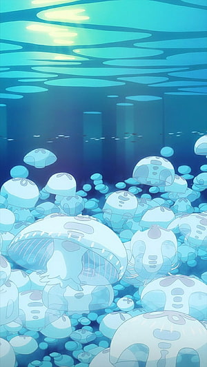 Ponyo Underwater Jellyfish Scene with Sunlight Rays and Blue Ocean Depths HD phone wallpaper