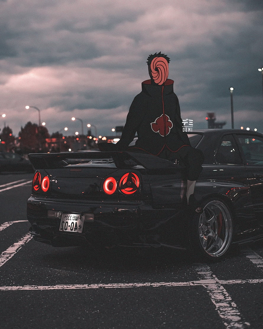 Obito Uchiha in Akatsuki Cloak Sitting on Black Nissan Skyline at Night HD phone wallpaper