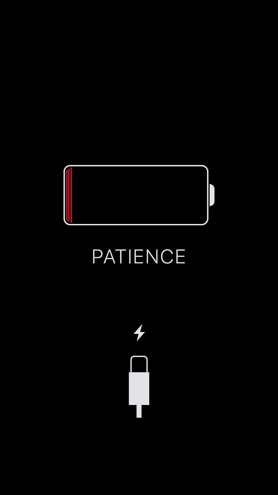 Minimalist Low Battery Charging Screen with Patience Message and Lightning Bolt Icon HD phone wallpaper