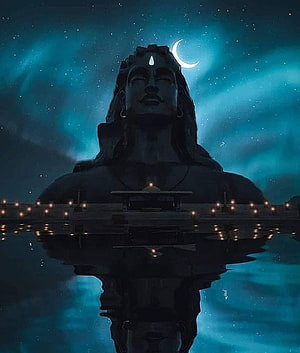 Adiyogi Shiva Statue Under Starry Night Sky With Crescent Moon And Water Reflection HD phone wallpaper