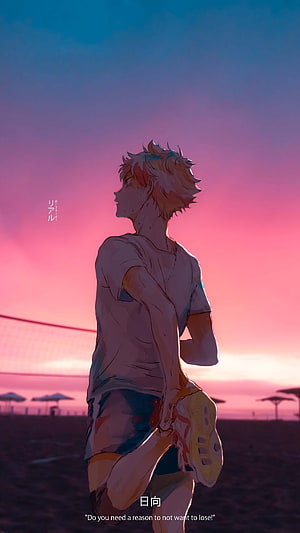 Hinata Shoyo from Haikyuu Stretching on a Beach Volleyball Court at Sunset HD phone wallpaper