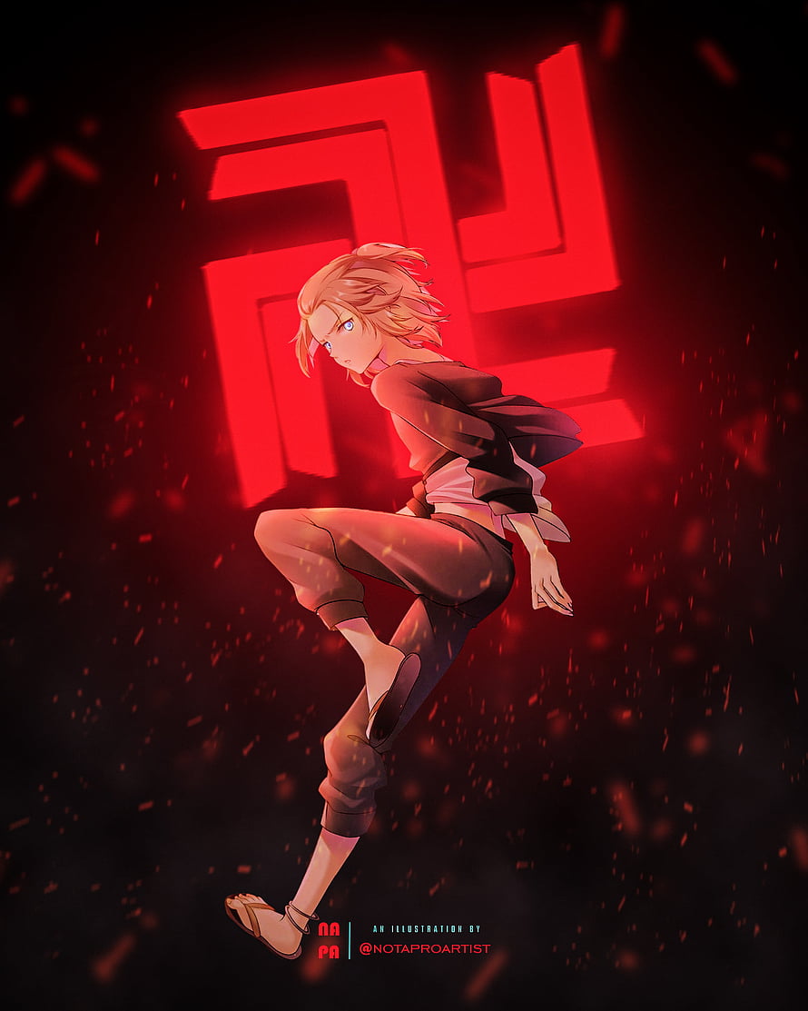 Mikey from Tokyo Revengers in a Dynamic Pose Against a Red Kanji Background HD phone wallpaper
