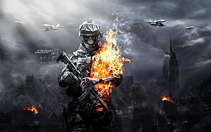 Burning Soldier with Skull Mask in War Zone with Jets and City Skyline HD wallpaper