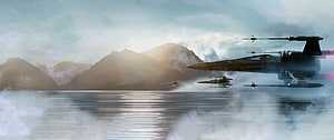 Star Wars X-Wing Starfighters Flying Low Over Misty Water and Mountains HD wallpaper