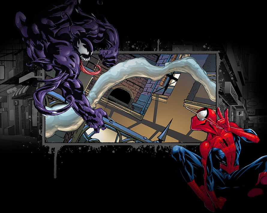 Spider-Man and Venom Confrontation in Urban Comic Art HD wallpaper