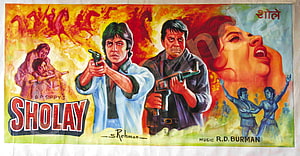 Sholay Classic Bollywood Movie Poster Artwork Featuring Action Heroes and Dramatic Scenes HD wallpaper