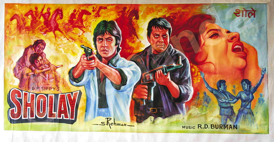 Sholay Classic Bollywood Movie Poster Artwork Featuring Action Heroes and Dramatic Scenes HD wallpaper