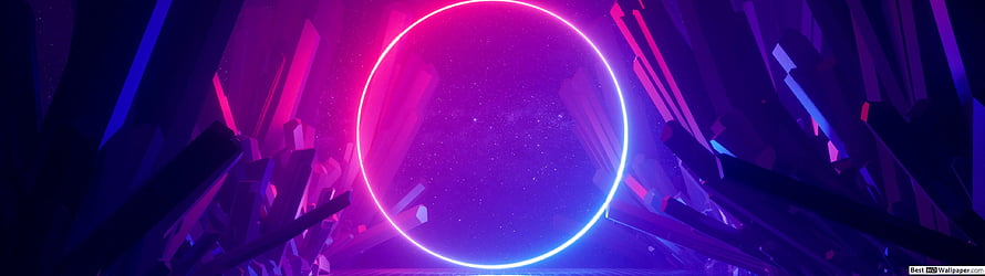 Neon Purple Crystal Cavern with Glowing Circular Portal and Cosmic Starfield HD wallpaper