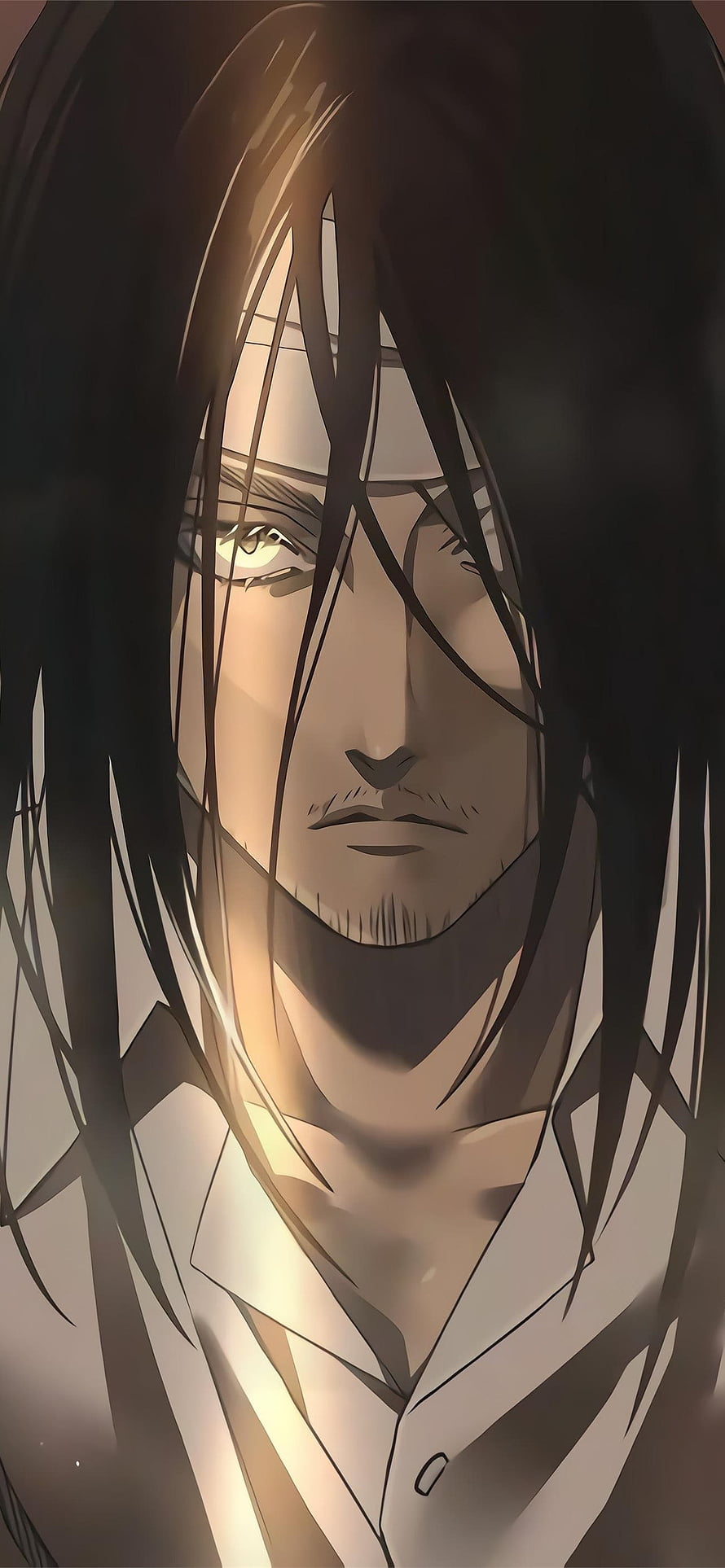 Eren Yeager Anime Portrait with Long Dark Hair and Intense Expression HD phone wallpaper