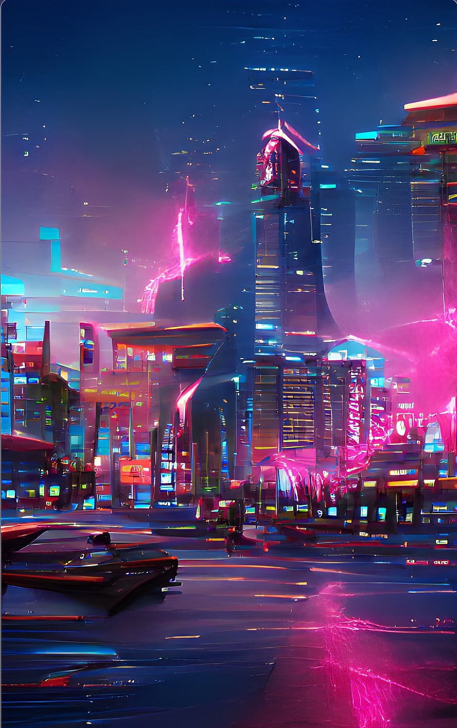 Neon-lit futuristic cityscape with towering skyscrapers and glowing cyberpunk architecture at night HD phone wallpaper