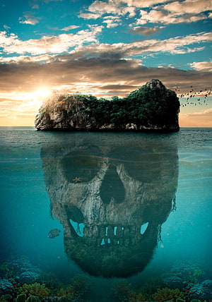 Mystical Ocean Island with Underwater Skull Reflection and Coral Reef HD phone wallpaper