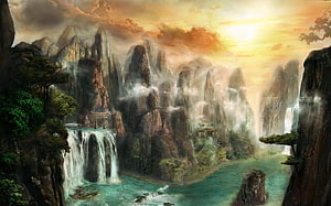 Mystical Asian Mountain Valley with Waterfalls, Torii Gate, and Misty Peaks at Sunset HD wallpaper