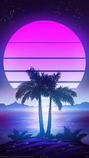 Retro Synthwave Sunset with Silhouetted Palm Trees and Neon Ocean Horizon HD phone wallpaper