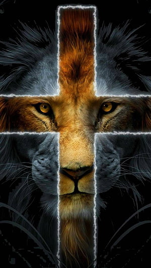 Majestic Lion Face Framed by Glowing Electric Cross on Black Background HD phone wallpaper