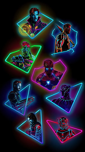 Avengers Neon Glow Character Portraits in Geometric Frames HD phone wallpaper