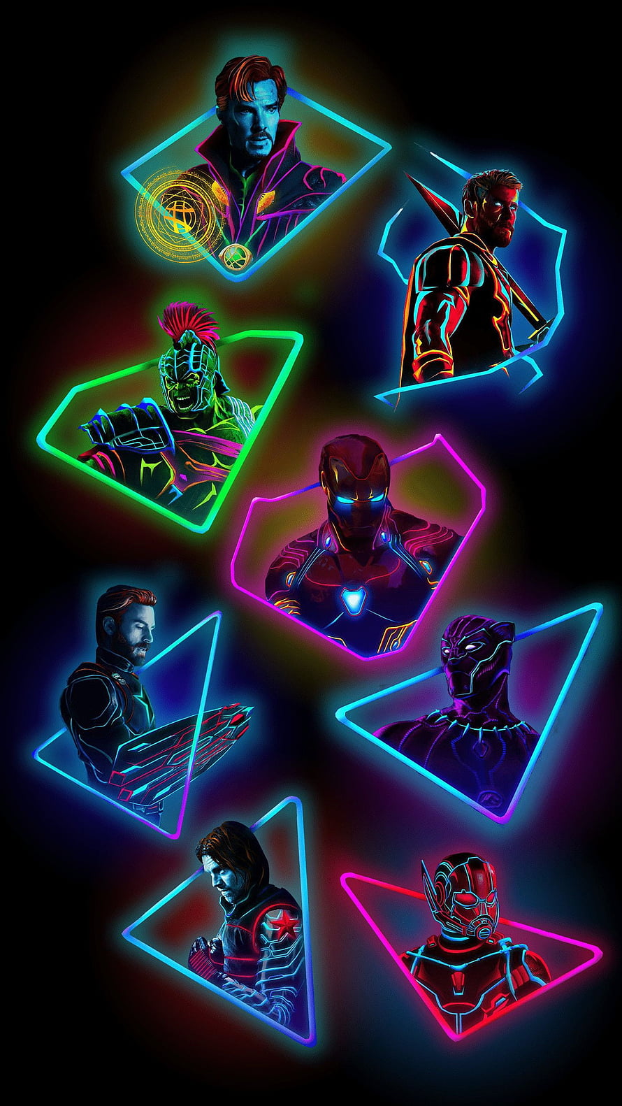 Avengers Neon Glow Character Portraits in Geometric Frames HD phone wallpaper