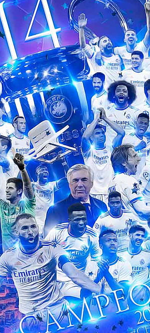 Real Madrid Champions League Champions Celebration Collage with Trophy and Players HD phone wallpaper