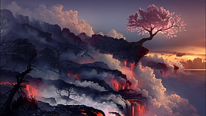 Cherry Blossom Tree on Volcanic Cliff with Lava Waterfalls and Dramatic Sunset Sky HD wallpaper