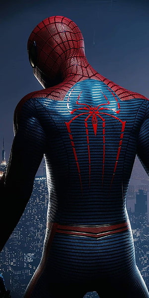Spider-Man Iron Spider Suit Back View Over Nighttime City Skyline HD phone wallpaper