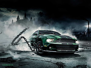 Green Ford Mustang Shelby GT500 Breaking Chains in Dark Stormy Castle Scene HD wallpaper
