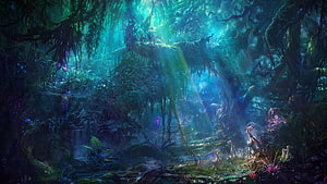Mystical Enchanted Forest Landscape with Sunbeams and Stream HD wallpaper