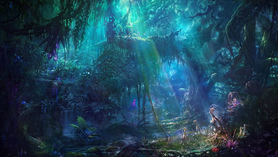 Mystical Enchanted Forest Landscape with Sunbeams and Stream HD wallpaper