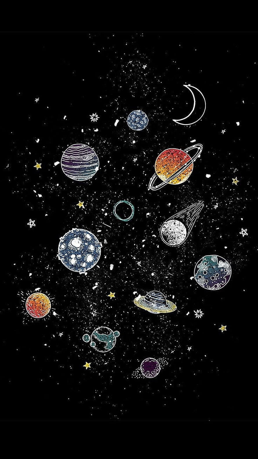 Hand-drawn celestial collection featuring planets, stars, and a crescent moon on a black background HD phone wallpaper