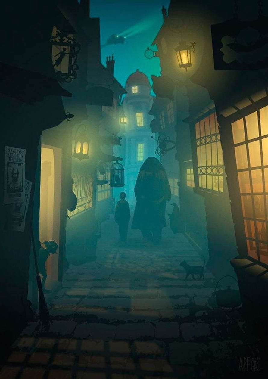 Misty Hogwarts Alley at Night with Lanterns and Silhouetted Figures HD phone wallpaper