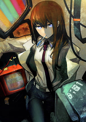 Kurisu Makise from Steins Gate in a Grunge Style Illustration HD phone wallpaper