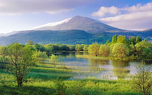 Serene Highland Lake with Snow-Capped Mountain and Lush Green Forests HD wallpaper