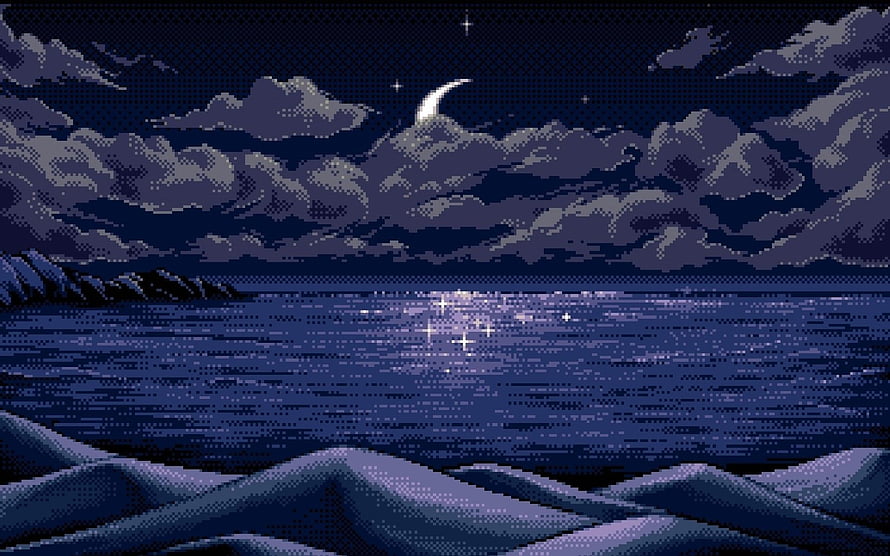 Pixel Art Nighttime Ocean Scene with Crescent Moon and Starry Sky HD wallpaper