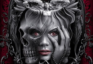 Gothic Dual Face Artwork Featuring Skull and Woman with Red Eyes HD wallpaper