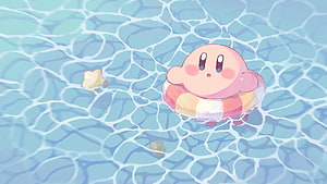 Kirby Floating in a Pool with a Striped Swim Ring and Star Cookies HD wallpaper